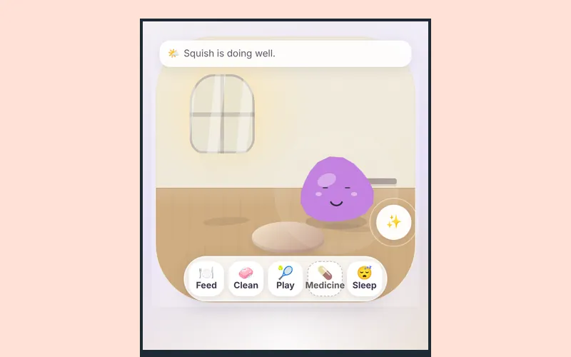 me-blobe: a smiling purple blob in a cosy room, with Feed, Clean, Play, Medicine and Sleep buttons.