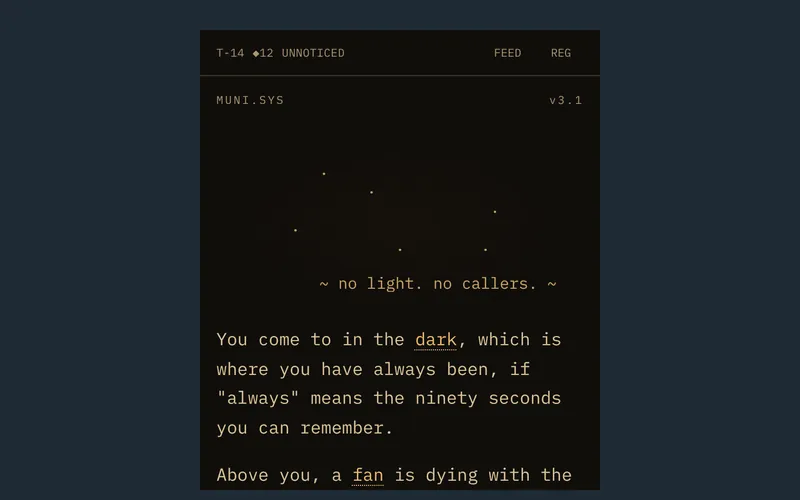UNRESOLVED on a phone: amber monospace text on black, opening in a dark, dead municipal system.